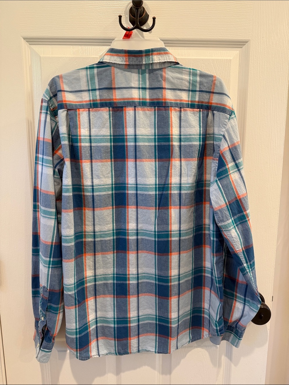 Old Navy Men’s Teal & Blue Plaid Button-Down Shirt with Orange Accents - Picture 2 of 7